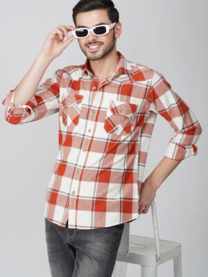 Furgo Orange Multi-Pocket Full Sleeve Casual Check Shirt