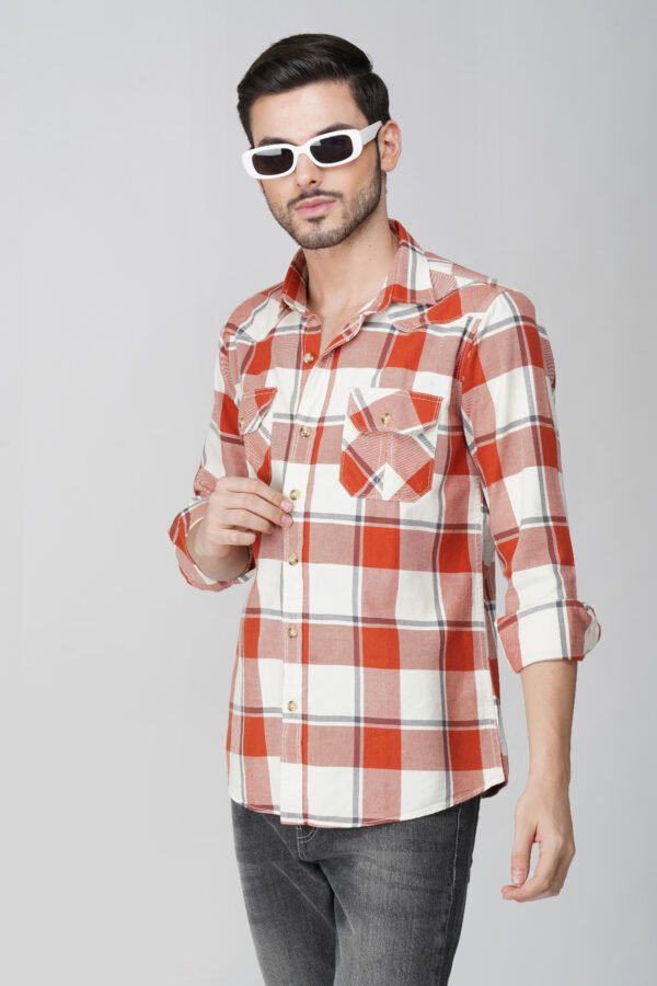 Furgo Orange Multi-Pocket Full Sleeve Casual Check Shirt