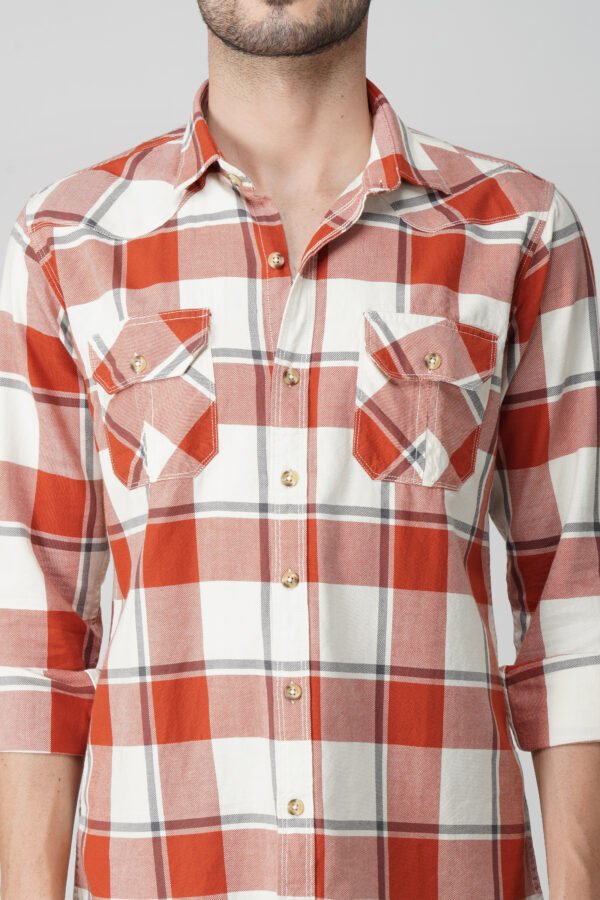 Furgo Orange Multi-Pocket Full Sleeve Casual Check Shirt