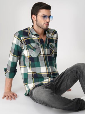 Furgo Green Full Sleeve Multi-Pocket Casual Check Shirt