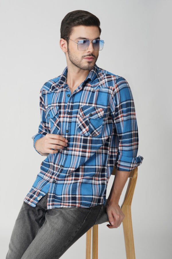 Massimo Blue Multi-Pocket Full Sleeve Casual Check Shirt