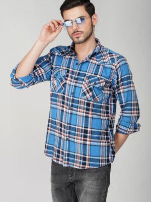 Massimo Blue Multi-Pocket Full Sleeve Casual Check Shirt