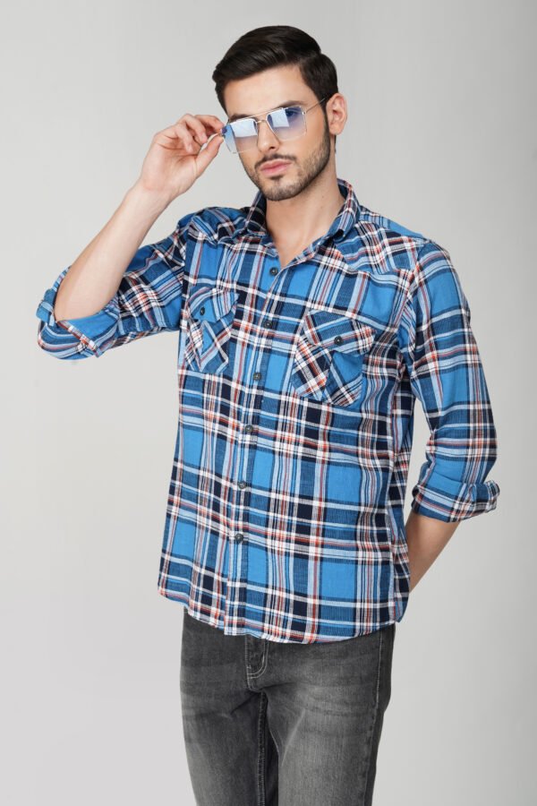 Massimo Blue Multi-Pocket Full Sleeve Casual Check Shirt