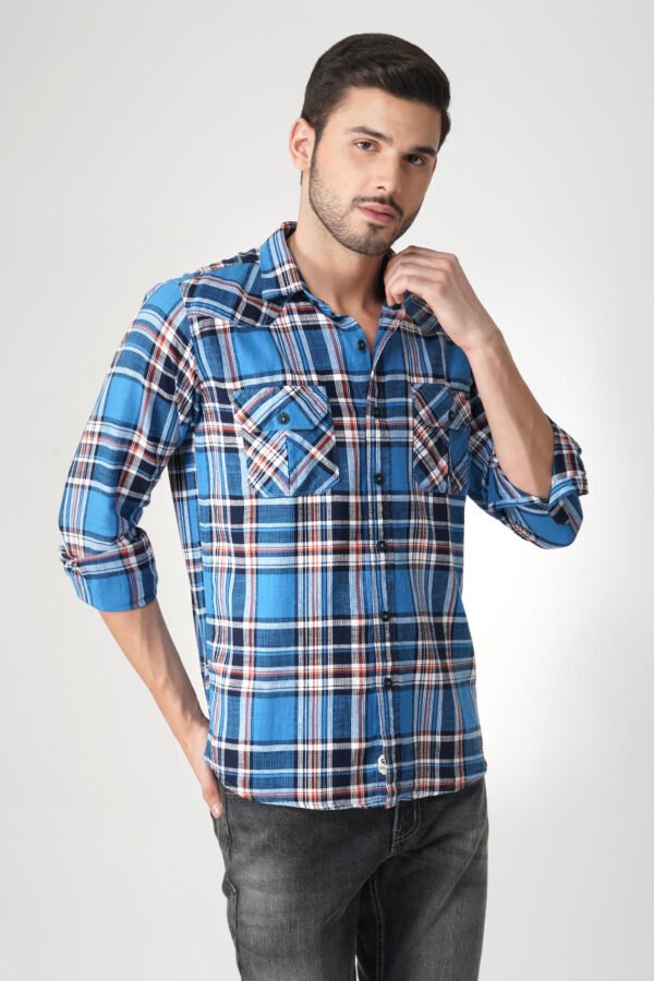 Massimo Blue Multi-Pocket Full Sleeve Casual Check Shirt