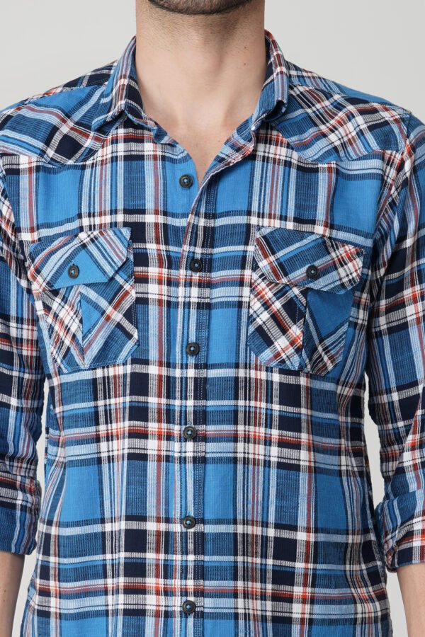 Massimo Blue Multi-Pocket Full Sleeve Casual Check Shirt