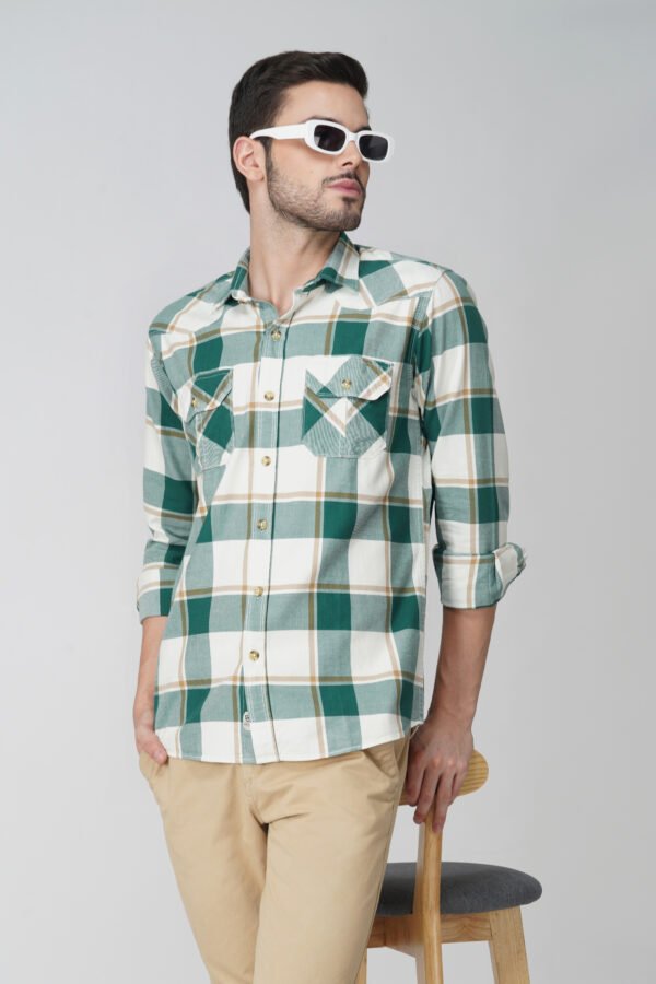 Furgo Green Multi-Pocket Full Sleeve Casual Check Shirt