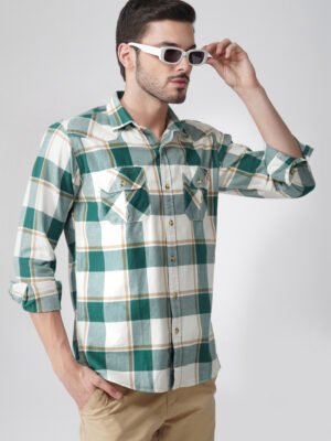 Furgo Green Multi-Pocket Full Sleeve Casual Check Shirt