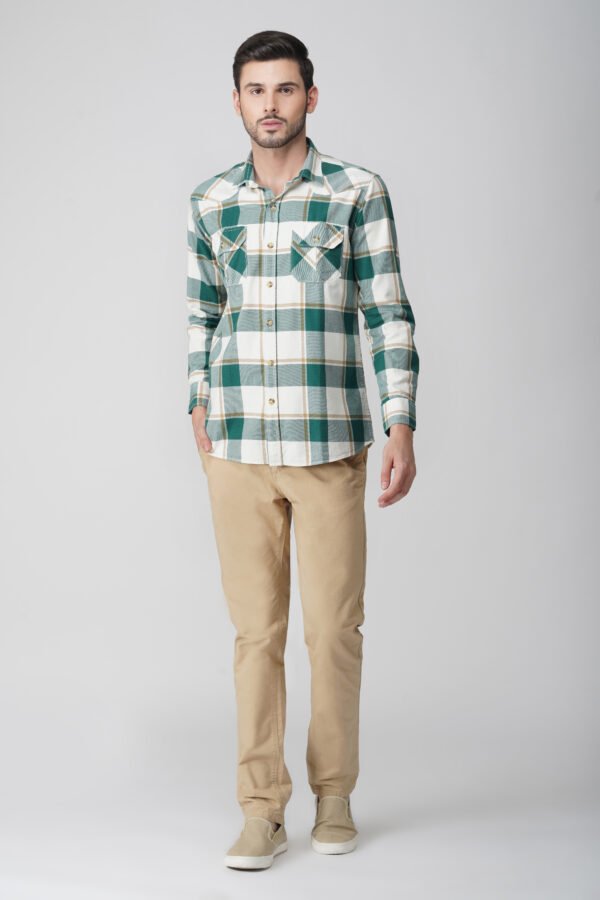 Furgo Green Multi-Pocket Full Sleeve Casual Check Shirt