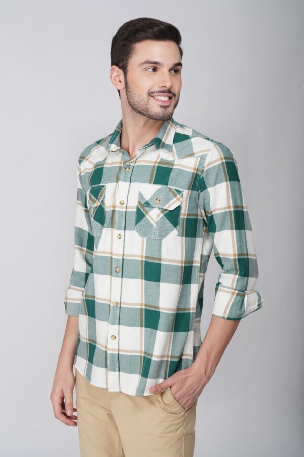 Furgo Green Multi-Pocket Full Sleeve Casual Check Shirt