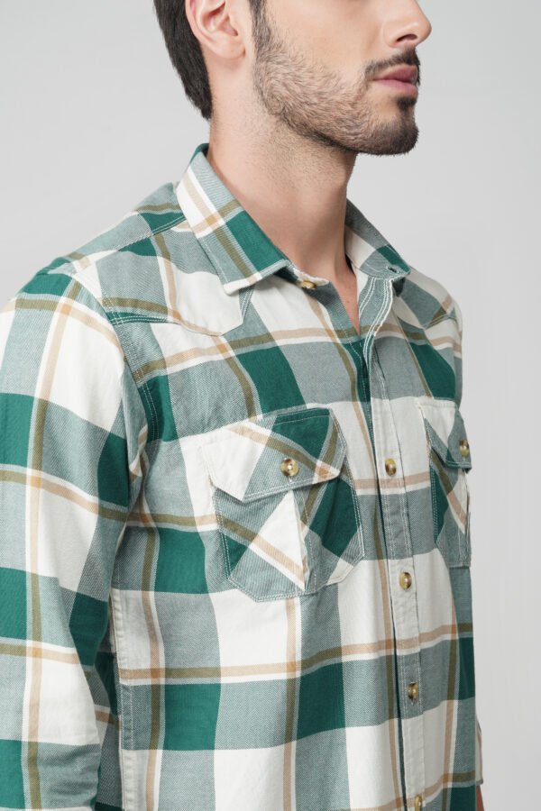 Furgo Green Multi-Pocket Full Sleeve Casual Check Shirt