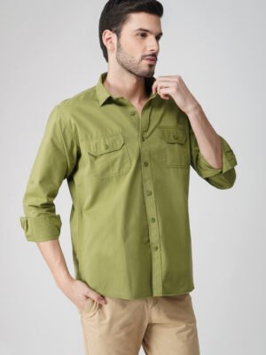 Chroma Plain Olive Multi-Pocket Full Sleeve Shirt