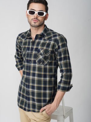 Camin Olive Multi-Pocket Check Shirt