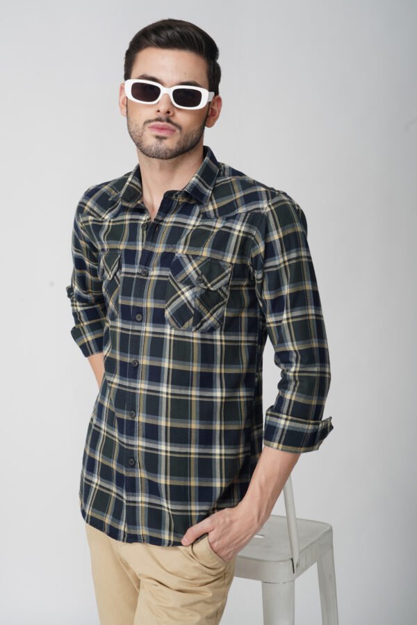 Camin Olive Multi-Pocket Check Shirt