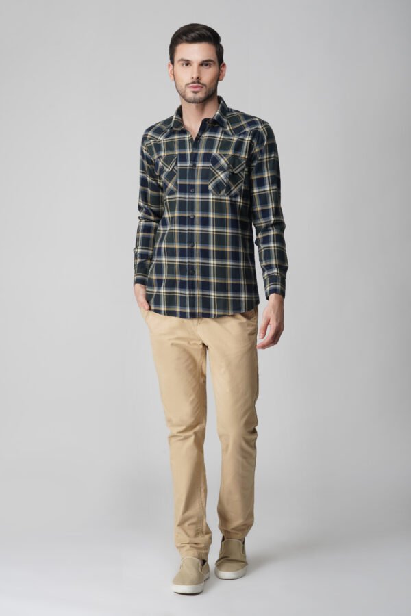 Camin Olive Multi-Pocket Check Shirt