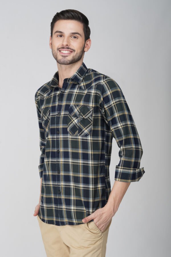 Camin Olive Multi-Pocket Check Shirt