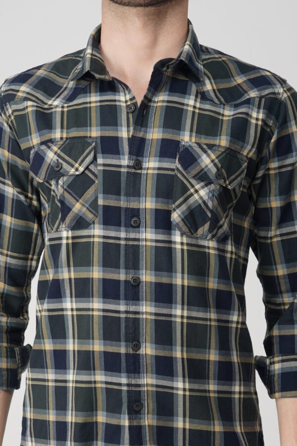 Camin Olive Multi-Pocket Check Shirt