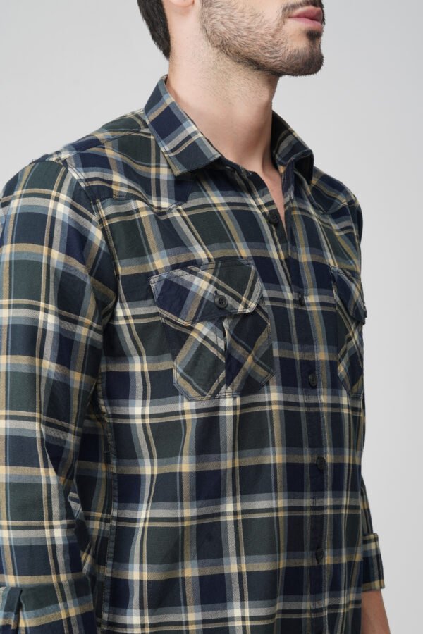 Camin Olive Multi-Pocket Check Shirt