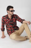 Camin Red Multi-Pocket Full Sleeve Check Shirt