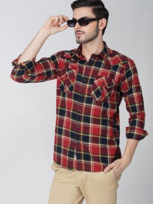 Camin Red Multi-Pocket Full Sleeve Check Shirt