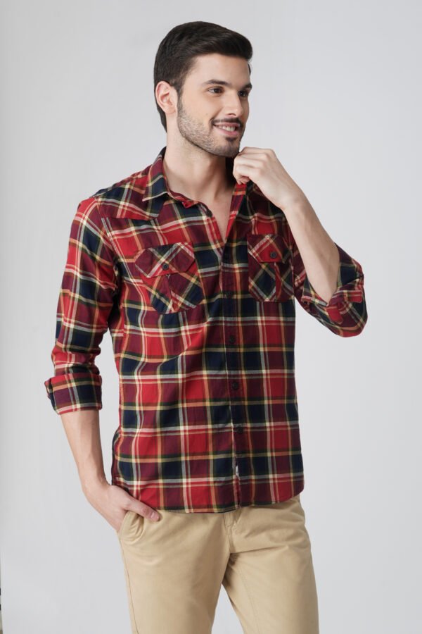 Camin Red Multi-Pocket Full Sleeve Check Shirt