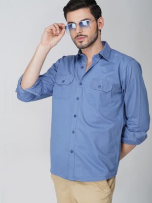 Chroma Plain Royal Blue Multi-Pocket Full Sleeve Shirt