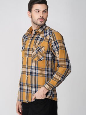 Furgo Mustard Yellow Multi-Pocket Full Sleeve Check Shirt