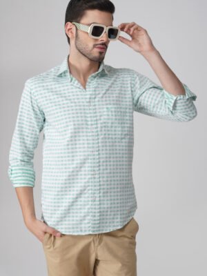 Gingham Sky Green Multi-Pocket Full Sleeve Check Shirt