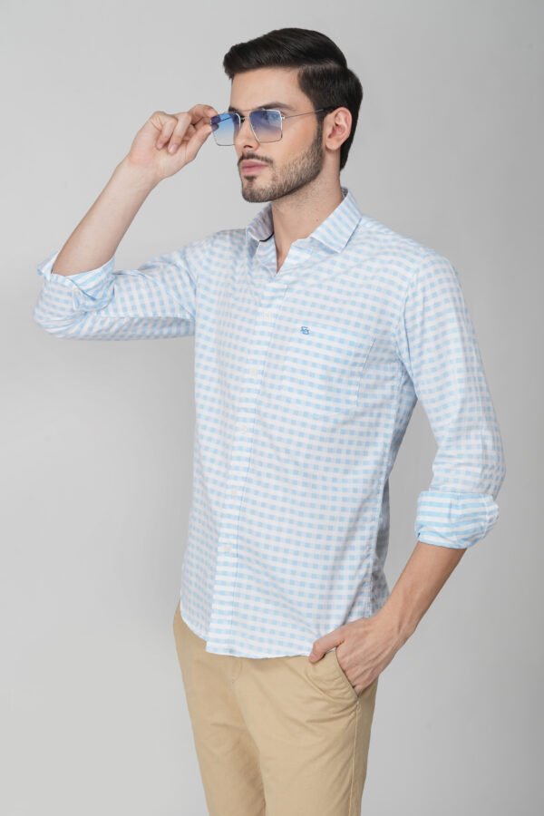 Gingham Sky Blue Multi-Pocket Full Sleeve Check Shirt