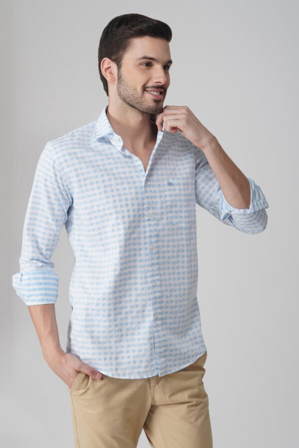 Gingham Sky Blue Multi-Pocket Full Sleeve Check Shirt