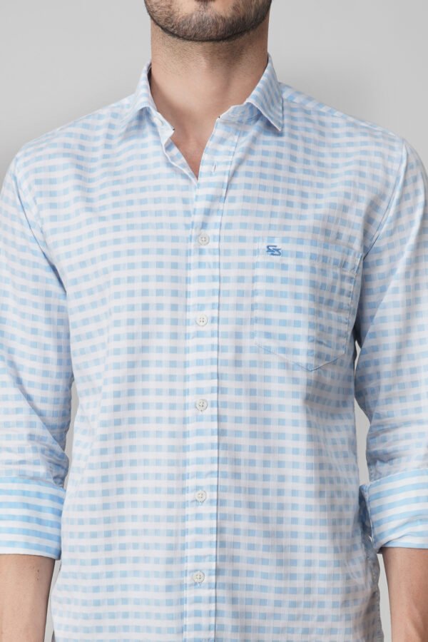 Gingham Sky Blue Multi-Pocket Full Sleeve Check Shirt