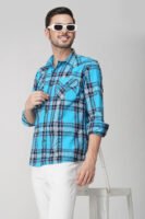 Xotic Blue Multi-Pocket Full Sleeve Check Casual Shirt