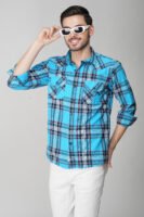 Xotic Blue Multi-Pocket Full Sleeve Check Casual Shirt