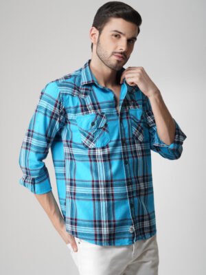 Xotic Blue Multi-Pocket Full Sleeve Check Casual Shirt