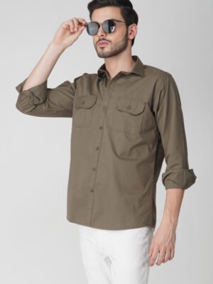 Chroma Plain Multi-Pocket Full Sleeve Chocolate Brown Shirt