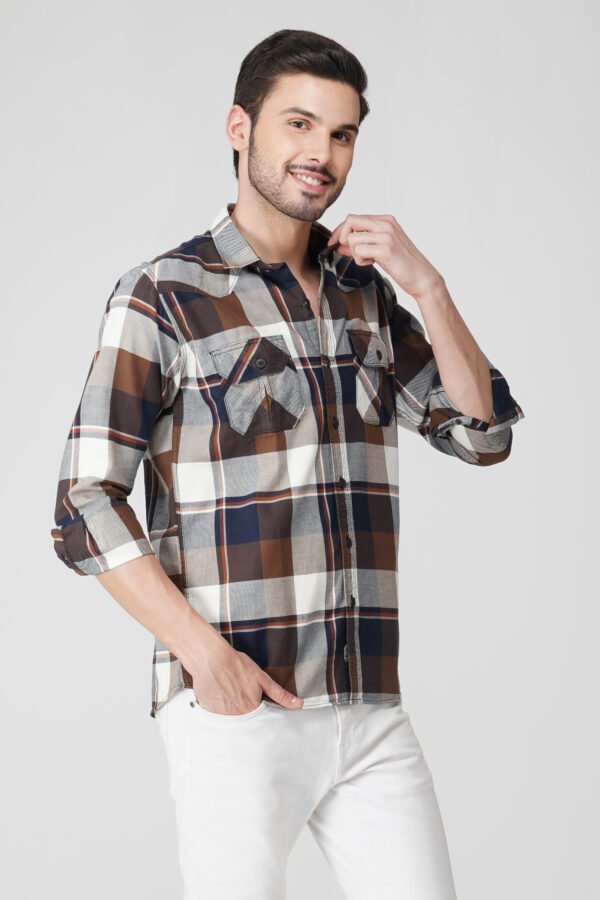 Furgo Coffee Multi-Pocket Full Sleeve Check Shirt