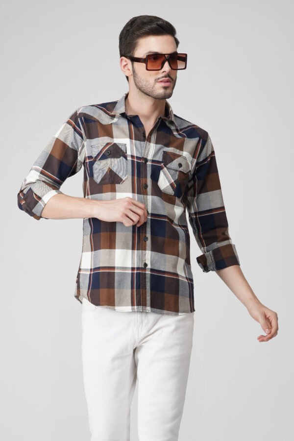 Furgo Coffee Multi-Pocket Full Sleeve Check Shirt