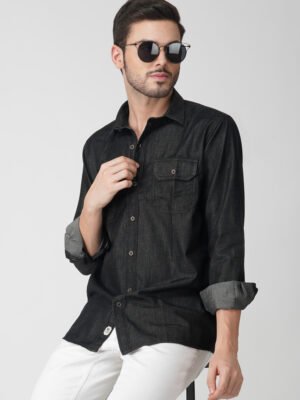 Silky Denim Black Multi-Pocket Full Sleeve Casual Shirt