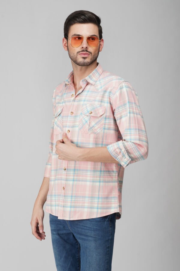 Elems Peach Multi-Pocket Full Sleeve Check Shirt