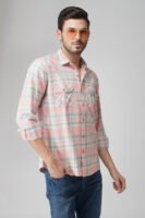 Elems Peach Multi-Pocket Full Sleeve Check Shirt