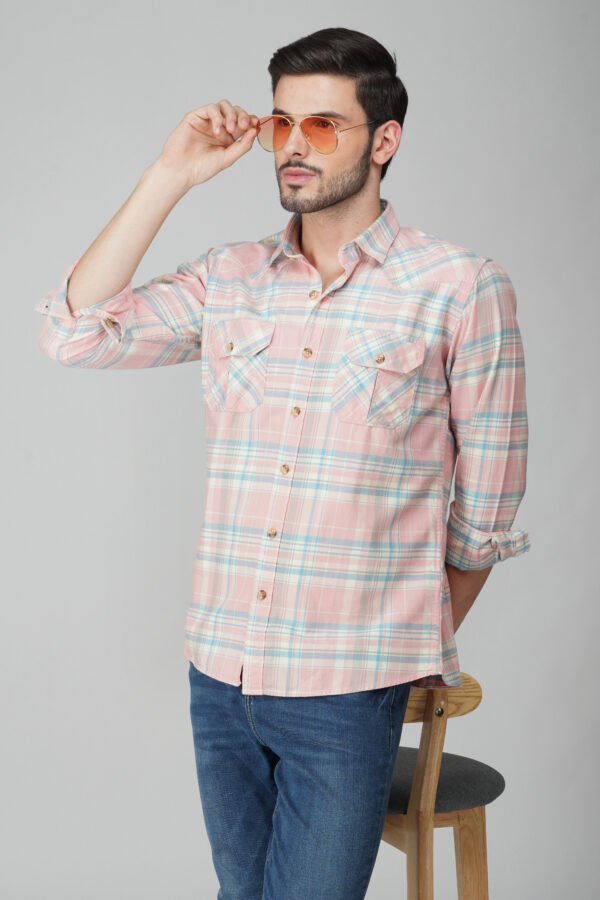 Elems Peach Multi-Pocket Full Sleeve Check Shirt