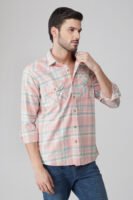 Elems Peach Multi-Pocket Full Sleeve Check Shirt