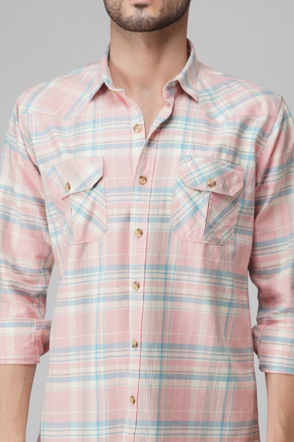 Elems Peach Multi-Pocket Full Sleeve Check Shirt