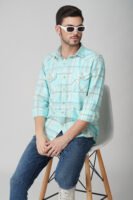 Elems Turquoise Multi-Pocket Full Sleeve Check Shirt