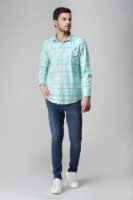 Elems Turquoise Multi-Pocket Full Sleeve Check Shirt