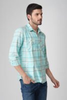 Elems Turquoise Multi-Pocket Full Sleeve Check Shirt