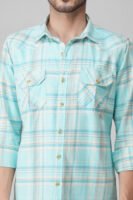 Elems Turquoise Multi-Pocket Full Sleeve Check Shirt