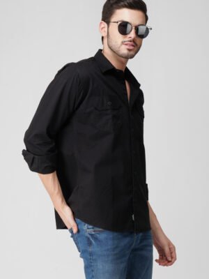 Chroma Black Multi-Pocket Full Sleeve Plain Shirt