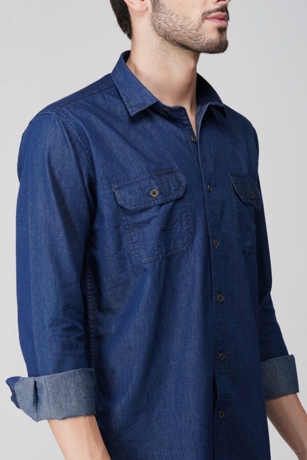 Silky Denim Blue Multi-Pocket Full Sleeve Shirt