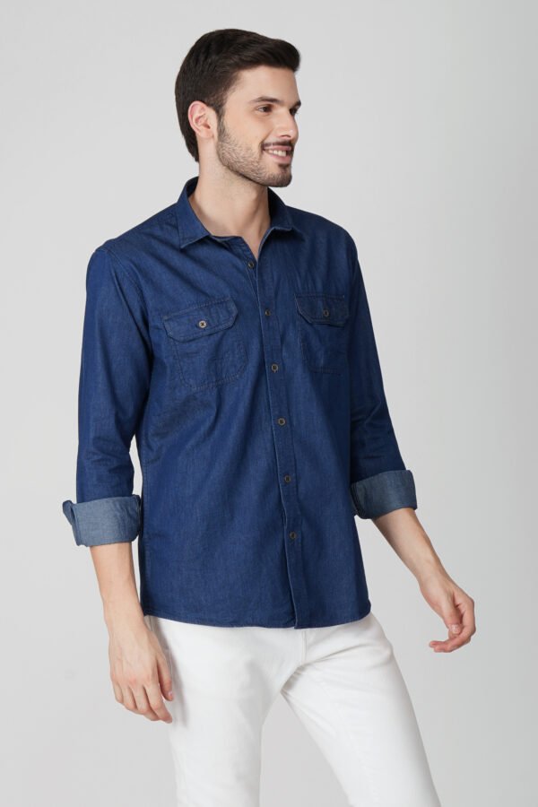 Silky Denim Blue Multi-Pocket Full Sleeve Shirt