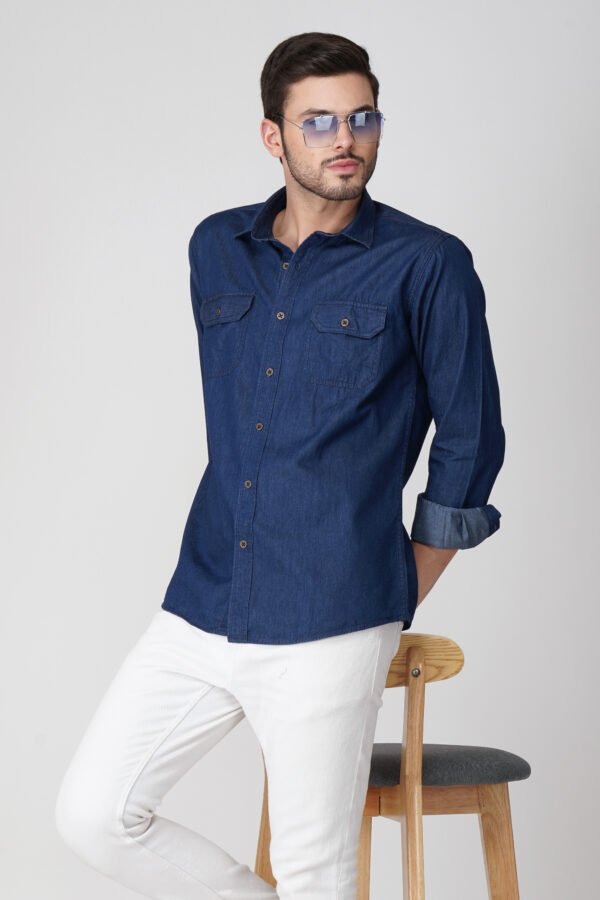 Silky Denim Blue Multi-Pocket Full Sleeve Shirt